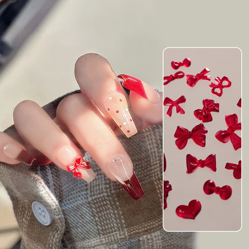50 pz Archi Stile Francese Accessori Per Unghie Formato Misto 3D Vino Rosso Bowknot Pendenti E Ciondoli Per Unghie Kawaii Inverno Unghie artistiche Decorazione Parti Carine