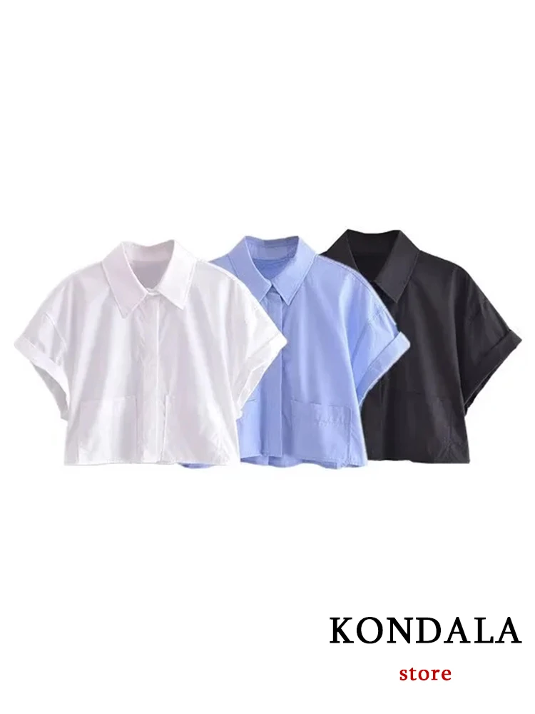 KONDALA-Chemise Chic à Manches Courtes et Col Rabattu pour Femme, Streetwear Décontracté, Couleur Unie, à la Mode, Vacances, Été, 2023