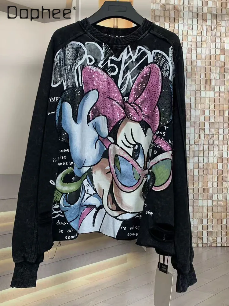 Marca de moda otoño gafas de sol sueltas y pesadas dibujos animados versión grande moda cuello redondo manga larga sudadera Top para mujer