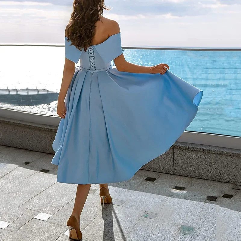 New Summer European and American Off Shoulder Bridesmaid Dress Short Satin Party Evening Dress Women's Banquet Long Dress 2025