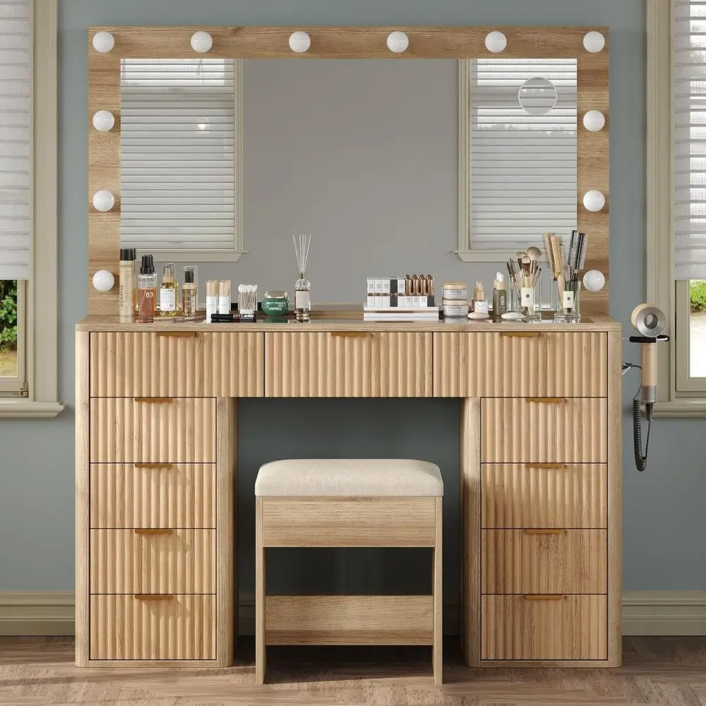 47-inch LED Mirror Vanity Desk with 3 Lighting Modes, Glass Top Makeup Desk, Charging Station, Vanity Stool Included, Suitable f