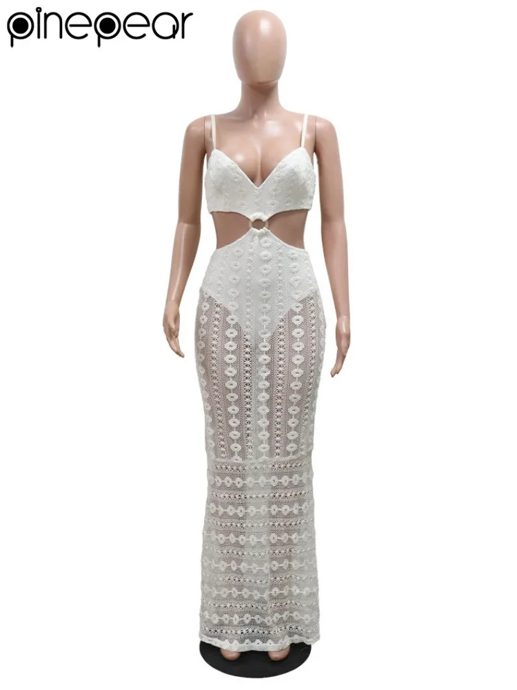 PinePear 2025 夏セクシーな中空アウト女性レースマキシドレスハイウエストカットアウトレース薄手のノースリーブ背中の開いたビーチパーティードレス