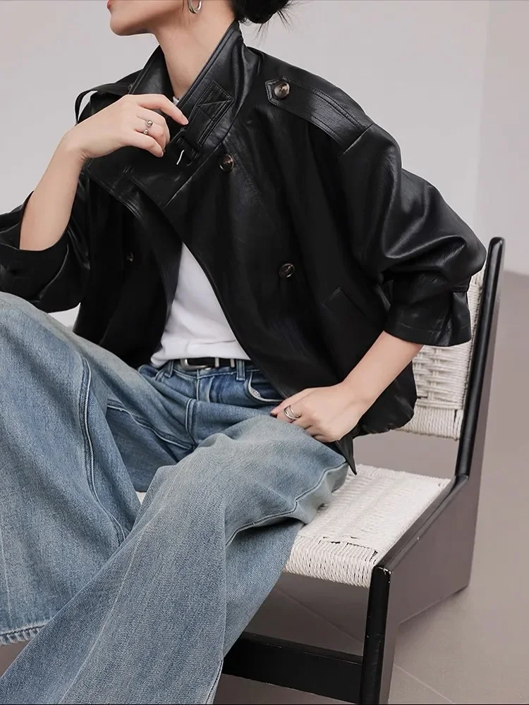 Women Retro Solid Short Leather Jacket Fashion Stand Collar Full Sleeve Double Breasted Loose Jackets Lady Daily Highstreet Coat
