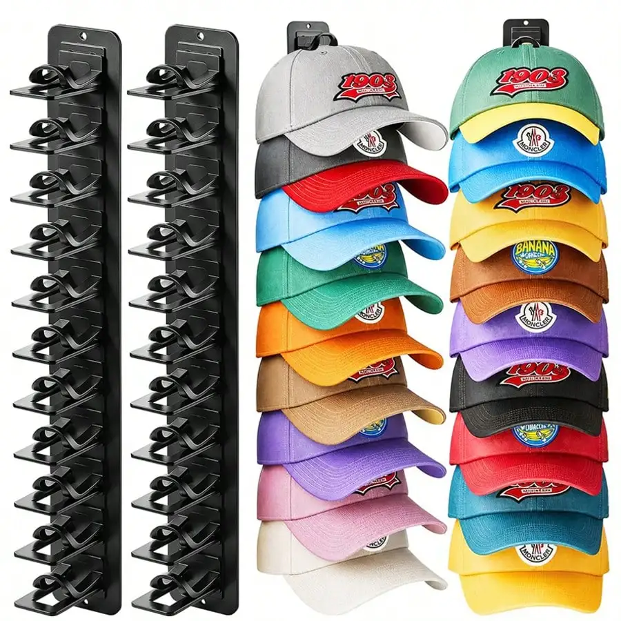 Hat Rack 2 Pack,Hat Hook For Wall Hold Up To 20 Hats, Hat Organizer For Baseball Caps With Strong Adhesive Or Nail Multilayer Cap Holder Wall-Mounted Hat Holder On Wall Closet Door And Bedroom Hat Hangers For Wall Decoration Hat Storage Ideas For Men