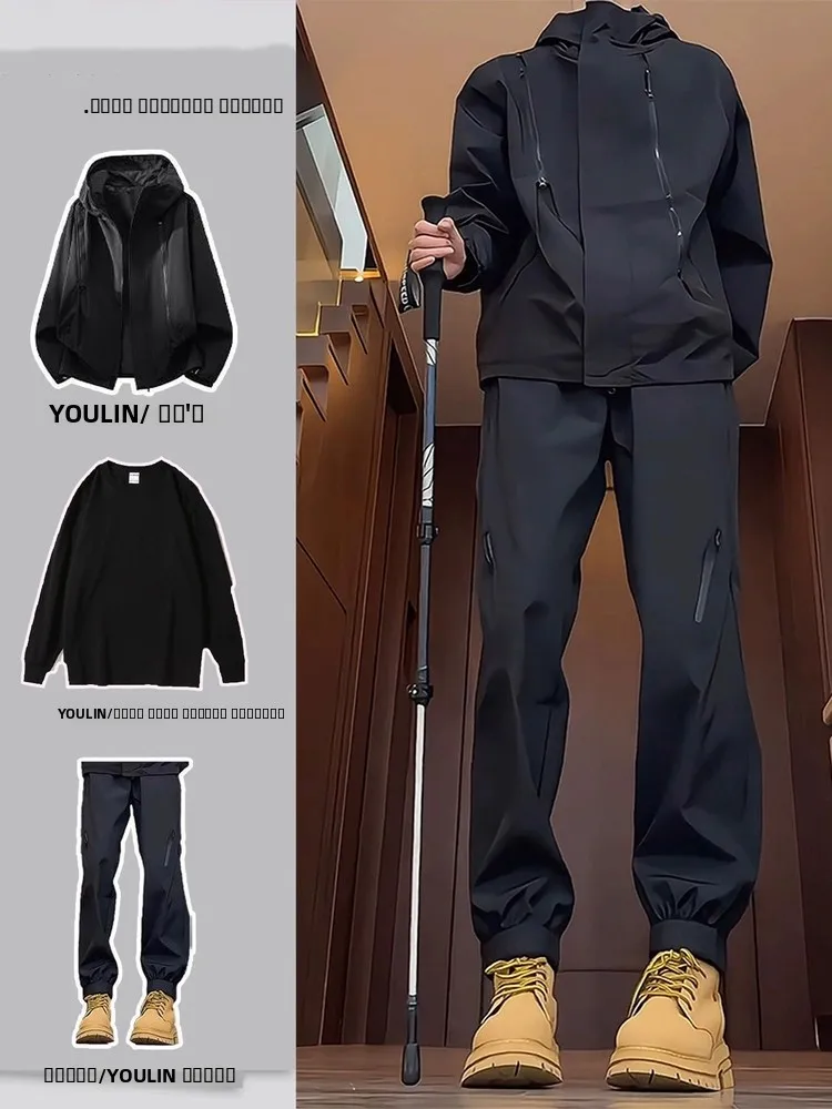 

American Sle Tee-Proof Outdoor Climbing Jaet And Pants Set for Men Waterproof Stand Fit Zipper Closure Hooded Coat