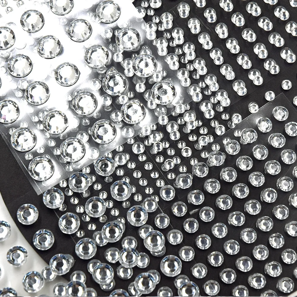 5Sheets Self Adhesive Nail Rhinestones,6Sizes 3-10mm Clear Round Flat Back Crystal Stickers,DIY Nail Art Manicure Decor Supplies