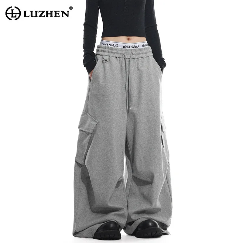 LUZHEN 2026 New Solid Color Multi Pockets Baggy Elastic Waist Cargo Pants Men's Fashion Handsome Sports Sweatpants Male JY9359
