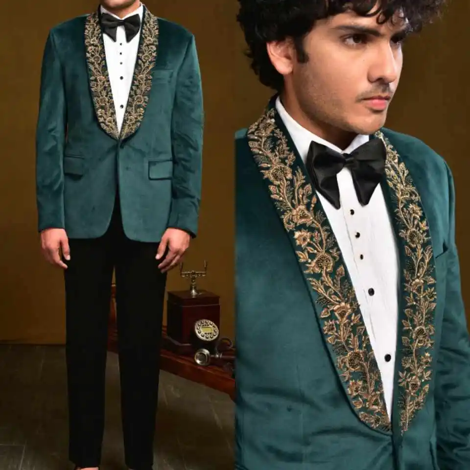 

Business Velvet Men's Suits Shawl Lapel One Button Pant Sets Appliques Loose Fit Customized 2 Pieces Trajes Para Hombre