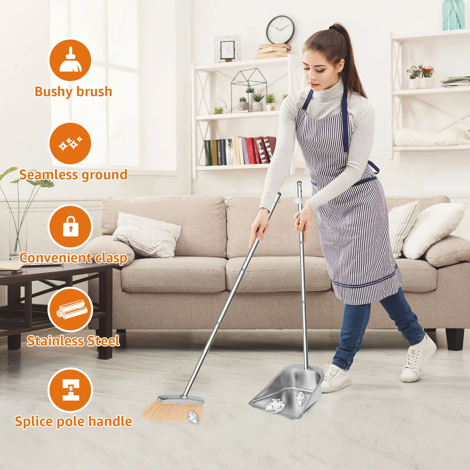 Stainless Steel Broom and Dustpan Set Home Sweeping and Cleaning Tools Home Accessories Thickened and Durable