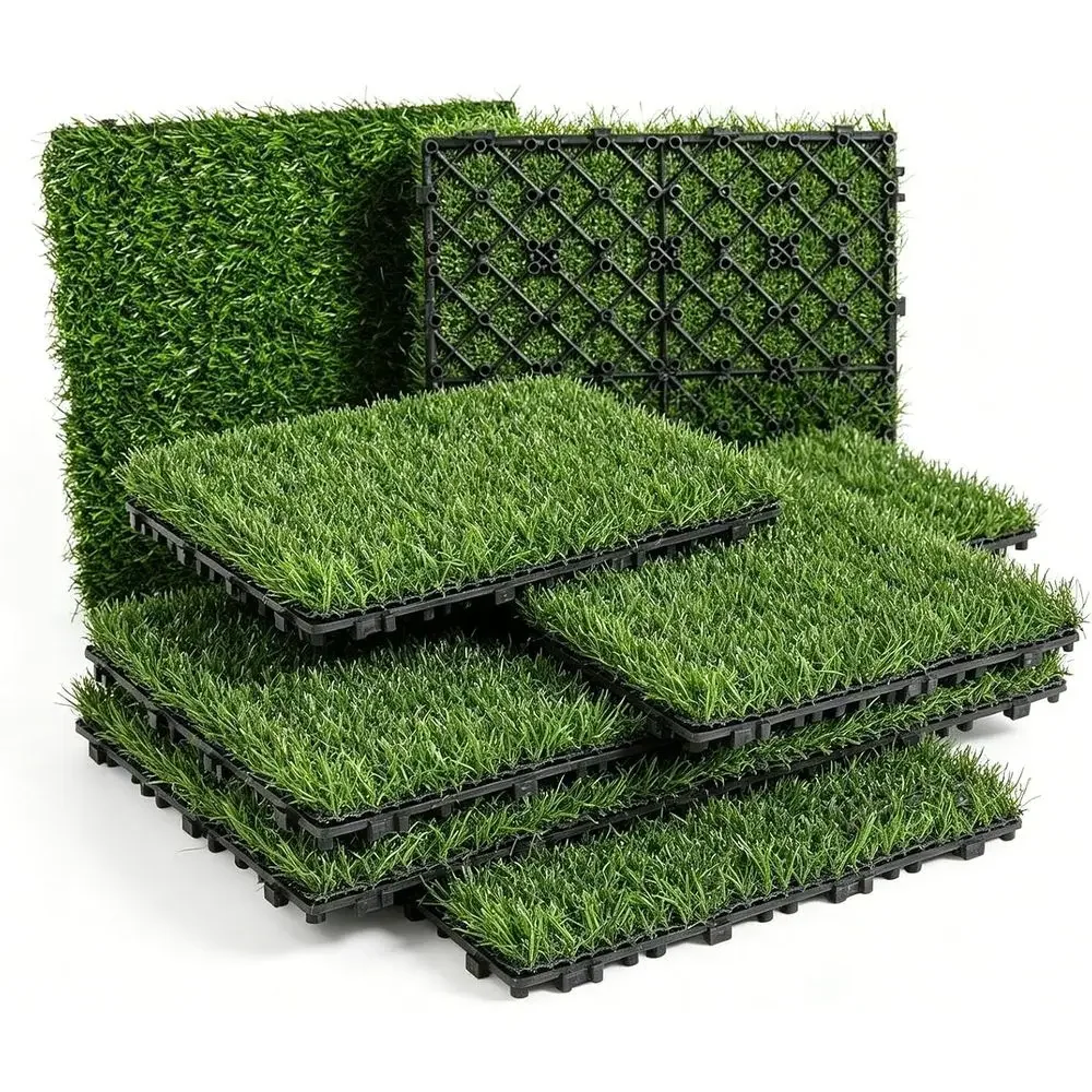 12 x 12 Thick Synthetic Grass Deck Tiles, Interlocking Square Turf Tiles for Drainage, Ideal for Patio and Outdoor Flooring, Pet