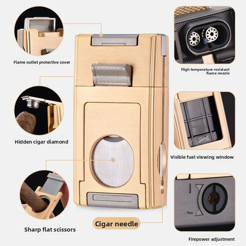 Metal Pull Cigar Diamond Windproof Double Straight Blue Flame with Transparent Visible Windows Portable Cigar Lighter Men's Gift