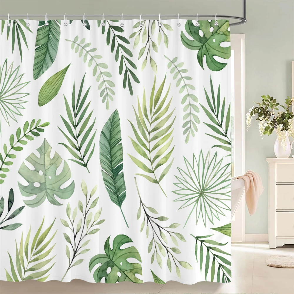 

Green Leaf Plants and Flowers Shower Curtain Print Modern Nordic Minimalist Polyster Home Decor Bathroom Curtain with Hooks