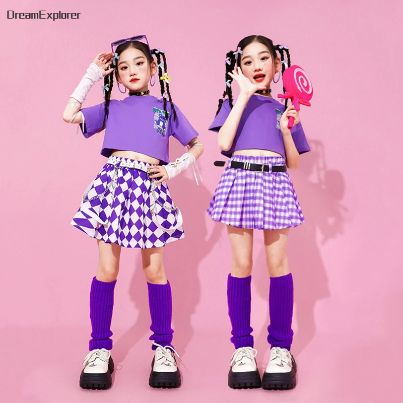 Ragazze Hip Hop Lovely Crop Top gonne a quadri Street Dance Clothes set bambini Summer Streetwear Kids Jazz Tee Purple Costumes