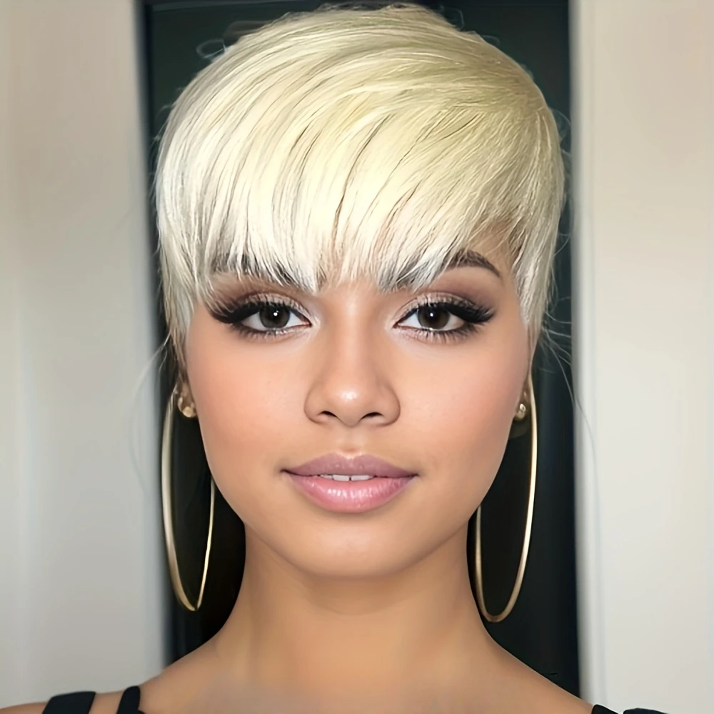 613 Blonde Kleur Rechte Menselijk Haar Pruik voor Vrouwen Pixie Cut Pruik Volledige Machine Gemaakt Pruik 150% Dichtheid 6 Inch