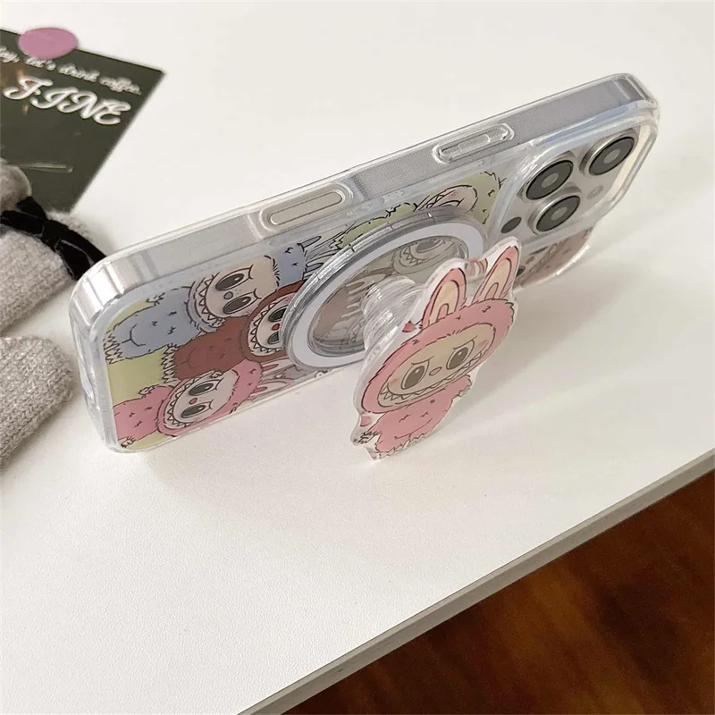 Kawaii الكرتون الأرنب المغناطيسي قضية الهاتف آيفون 16 برو 15 14 13 برو ماكس غطاء مع حامل Magsafe للصدمات لطيف حالات كابا