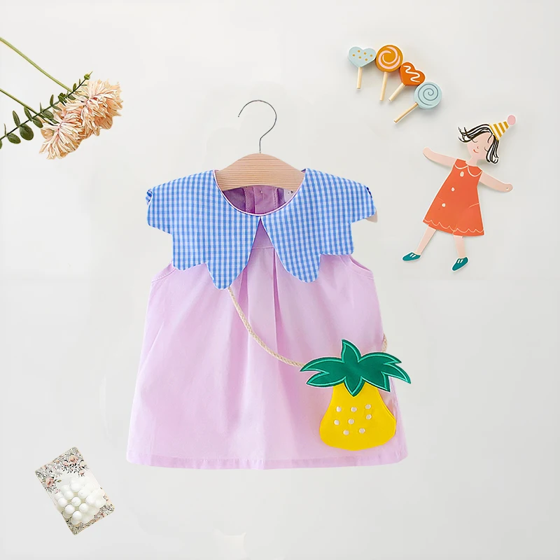 Summer Baby Girl Dress+Bag 2 Pcs  Baby Girl Plaid Big Collar Solid Color Dress Cute Loose Cotton Comfortable Sleeveless Dress