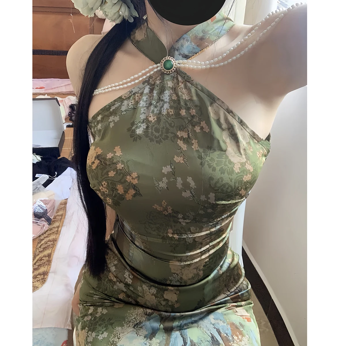 Sexy Improved Chinese Dress Women Off Shoulder Cheongsams New Chinese Style Qipao Long Female Vestidos Vintage Green Dresses