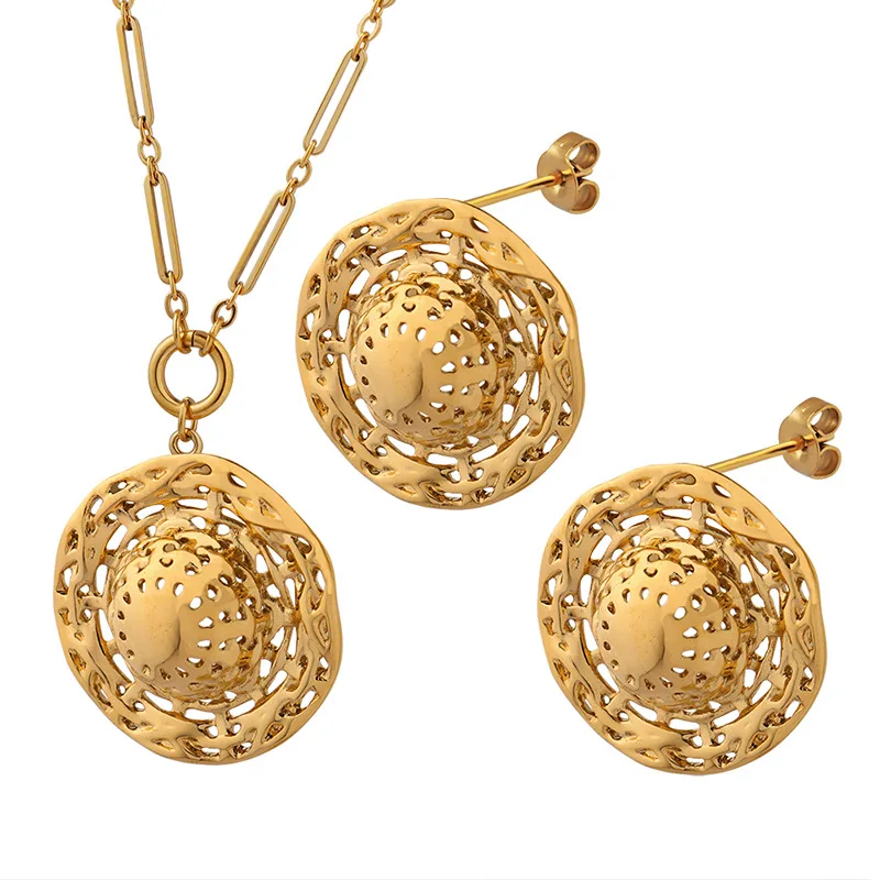 Hollow Straw Hat Necklace Earring Set Stainless Steel Gold Plated Jewelry Personality Trend Accessories For Women Men