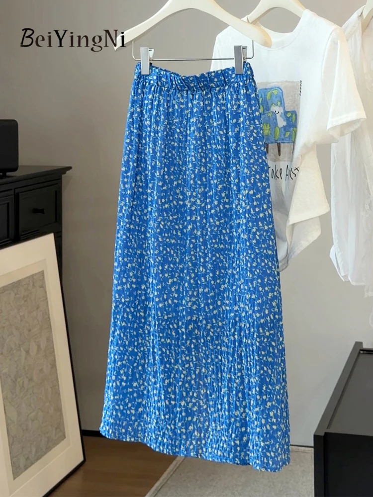 Beiyingni Fresh Style Women's Mid-Calf Skirt Floral Print Split Blue Straight Skirts Ladies Elegant Luxury High Waist Skirt 2026