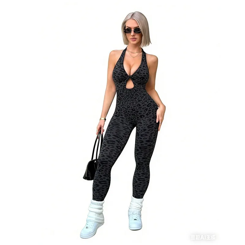 New Leopard Print Tight Yoga Jumpsuit European and American Fashion Latin America Wear Fitness Sports Jumpsuit Women
