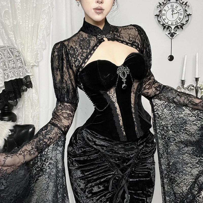 Women Gothic Lace Shrug Cape Long Flare Sleeve Halloween Cropped Bolero Top Vintage Punk Black Cover‑up For Club Party Shawl