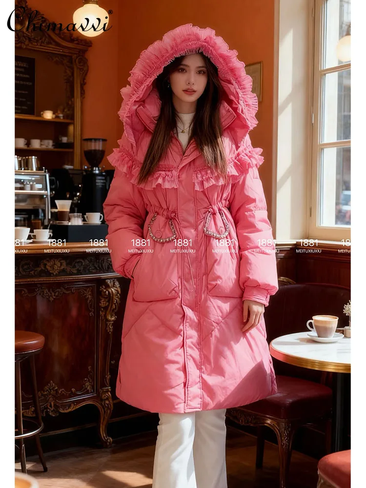 Doudoune mi-longue douce pour femme, manteau d'hiver en duvet de canard, artisanat lourd, luxe européen, strass, dentelle, volants, épissage, nouvelle collection