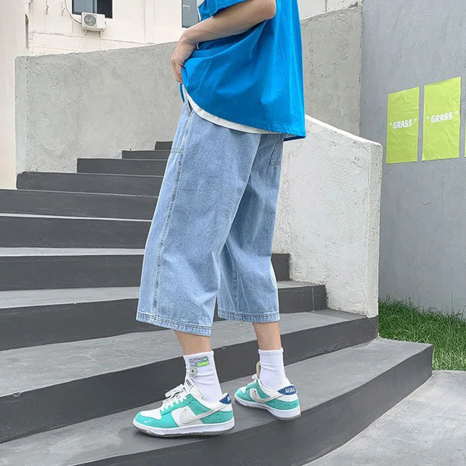 New Summer Fashion Straight Leg Jeans For Men's Korean Light Blue Slim Fit Loose Luxury Brand Design Casual Wide Leg Shorts