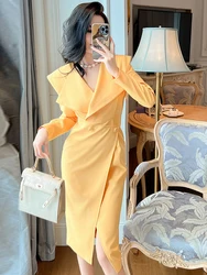 Chic Work Style Business Formal Occasion Dresses For Women Clothing Mujer Ladies Elegant Office Commute Blazer Slim Slit Dress