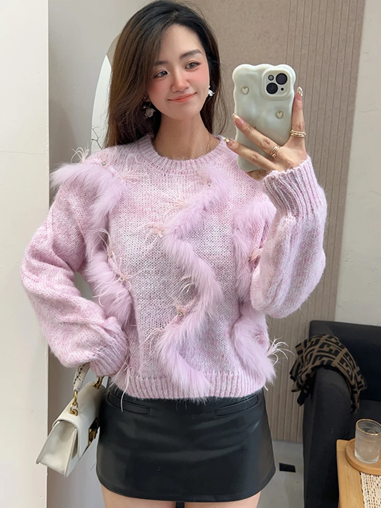 Nowa Moda Damska Jesienna Kurtka Sweter Płaszcz z Prawdziwego Futra Lisa Dzianina Długi Rękaw Dekolt O-Neck Odzież Uliczna Okrycie Wierzchnie