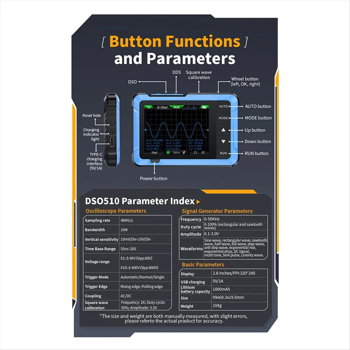 Jan. -510 Digital Mini Oscilloscope Multi-Function Signal Generator 2 in 1 Bandwidth 10M 48MS/S Sampling Rate