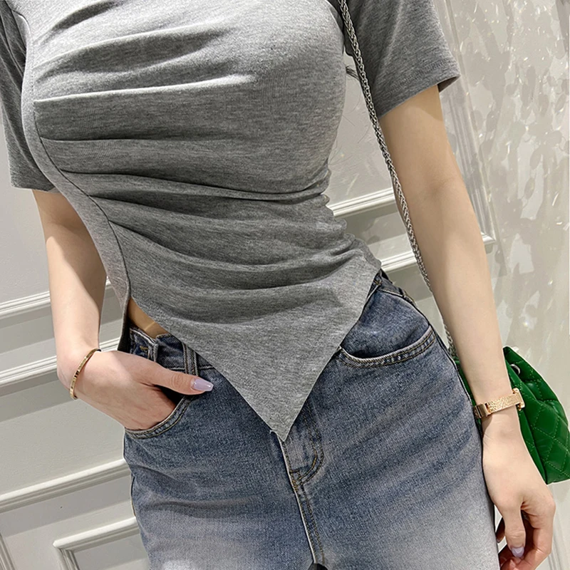 Y2k Clothes Women T Shirt Black Short Sleeve Crop Top Irregular Tees Ladies Sexy Skinny Tee Shirts Korean Style 2024 Summer Tops