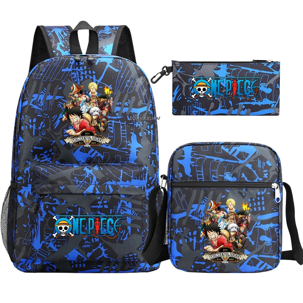 3Pcs Anime One Piece Luffy Boy Girl Kids School Book Bag Travel Backpack Shoulder Bag Pen Bag Men Women