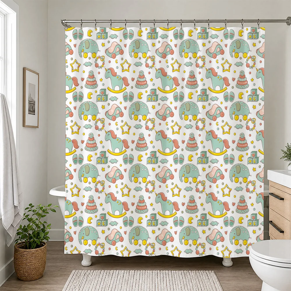 Whimsical Pastel Dinosaur Hippo Pattern Shower Curtain Waterproof Cute Kids Nursery Bath Decoration Home Decor