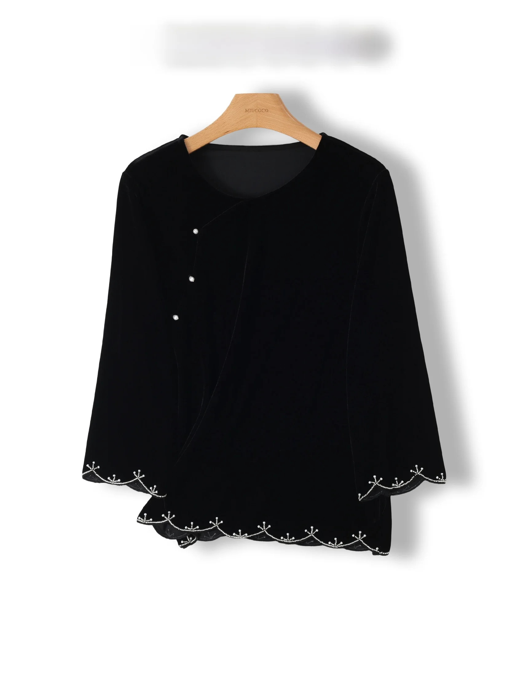 

New Chinese Style Heavy Bead Embellished Loose Velvet round Neck mid Sleeve Women's Top Fashionable Base Layer Shirt