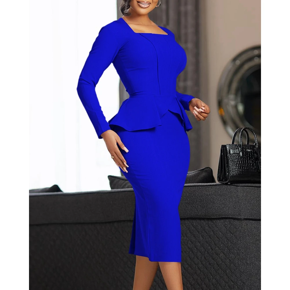 

Women Long Sleeve Bodycon Dress Ruffle Design Business Attire for Women Square Neck Back Split Office Lady Elegant Midi Dress