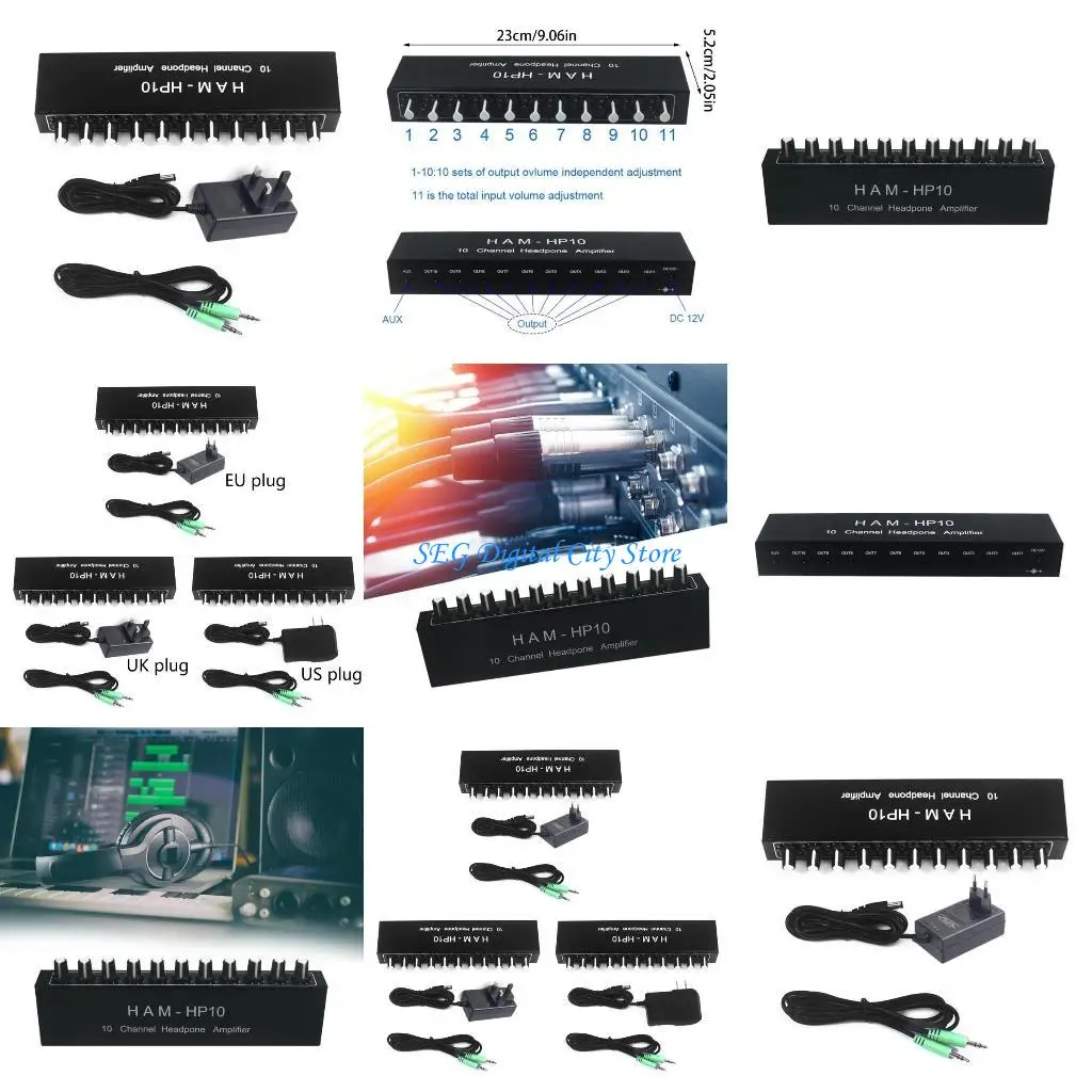 

U75B 10 Channel Headphone Amplifier,HAM HP10 Stereo Splitter with Independent Volumes Control, Aluminum Housing DC12V Power