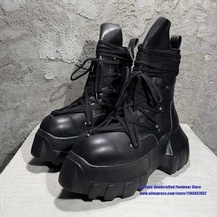 Black Leather Platform Ankle Boots for Men Multi Cross Laces Side Zipper Gothic Punk Chunky Sole Booties Designer Men's Boots