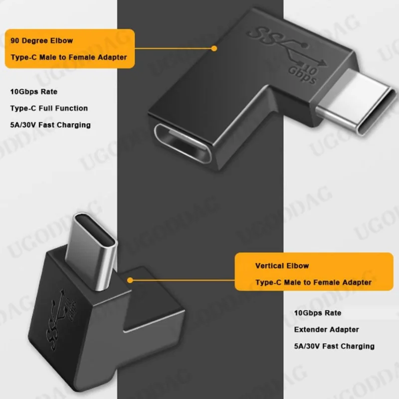 Adaptador USB tipo C para celular, conector portátil, conversor macho para fêmea, Macbook Laptop, 10Gbps, 90 graus