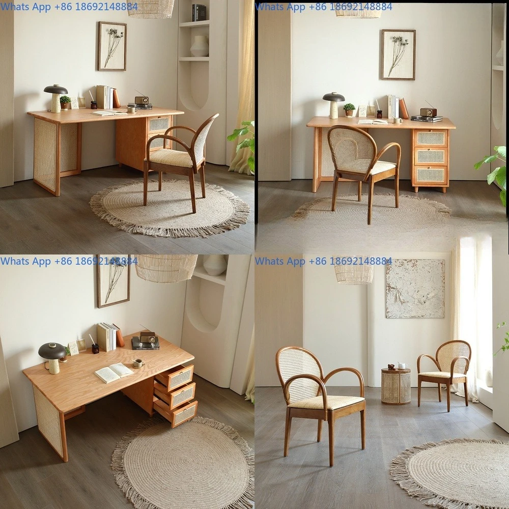 Solid Wood Desk for Bedroom Home Use with Woven Design Minimalist Computer Desk with Drawer Storage for Small
