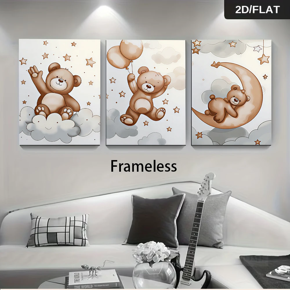 (3PCS Unframe)1 set of cute teddy bear cartoon frameless triptych decorative paintings with warm and cute style 2D flat
