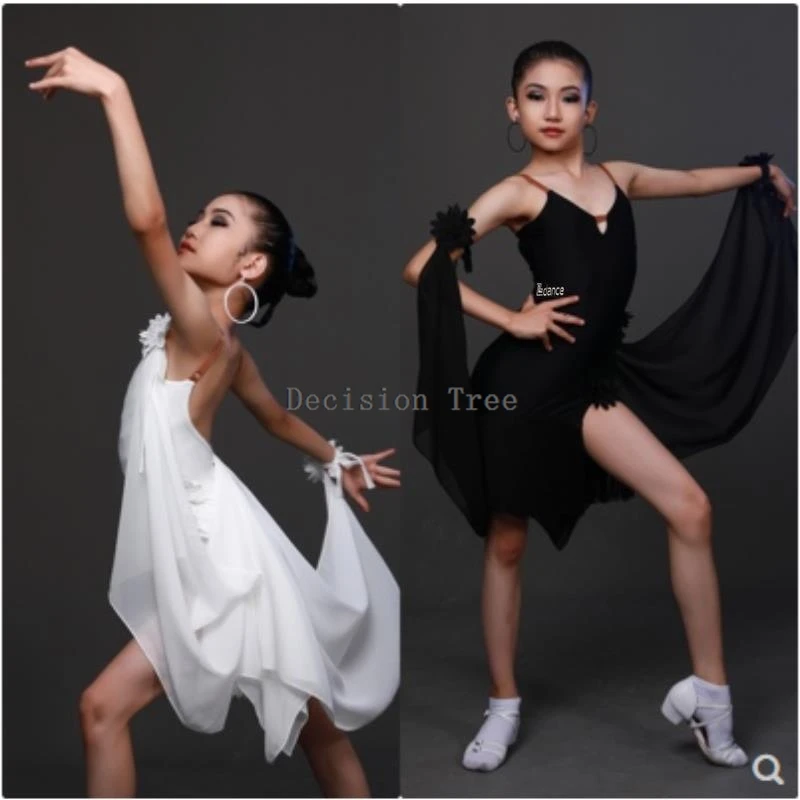 2024 latin dance dress children halter latin dance dress performance fringe skirt practice girls dance training competition set