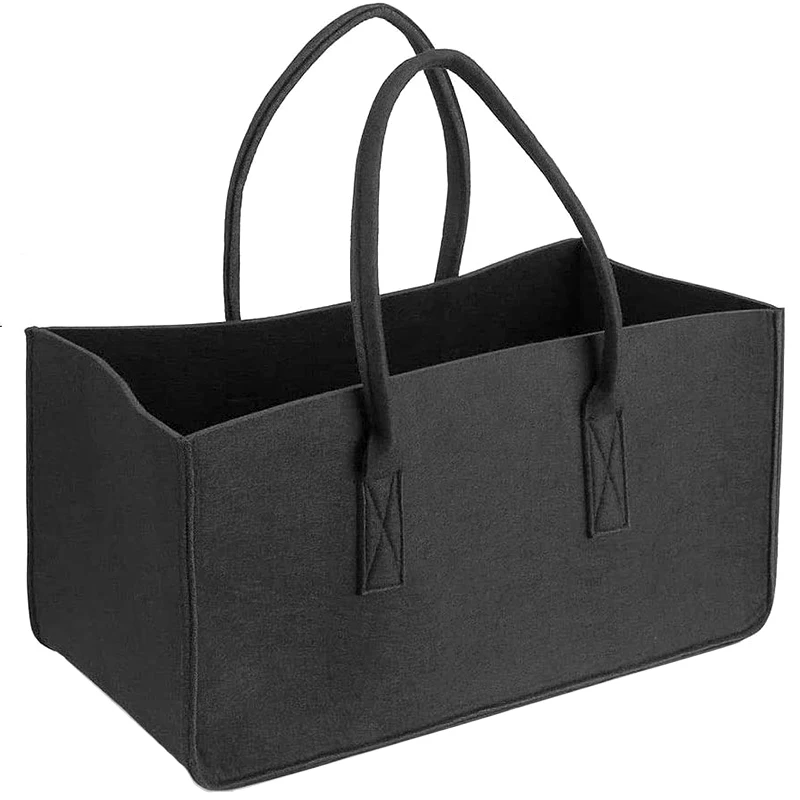 Fireplace Wood Felt Storage Bag Basket Magazine Rack Firewood Pocket,Felt Foldable Firewood Holder Basket Black