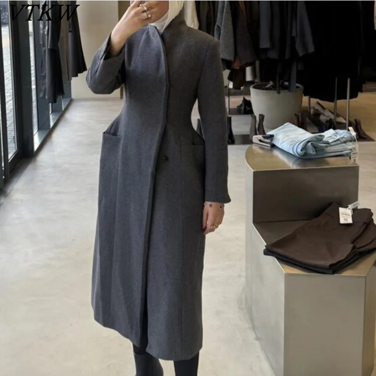 

VTKW 2026 New Arrival Women Dark Grey Wool Maxi Coat Mandarin Collar Single Breasted Pockets Long Sleeve Office Casual Outerwear