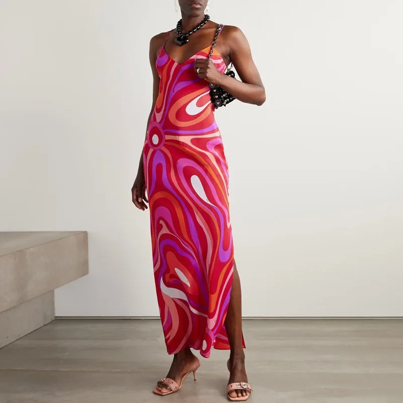 

Vestidos Mujer Spring Print Vintage Party Dress Woman Sexy V Neck Backless Hollow Long Dresses Summer Sleeveless Slit Boho Dress