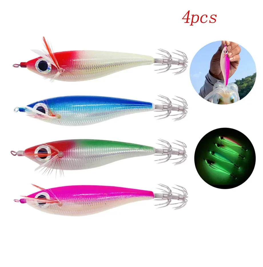 

4pcs/Set Fishing Squid Jig Hook 10cm 10g Luminous Wood Shrimp Octopus Squid Jig Fishing Lure Cuttlefish Artificial Bait Tools