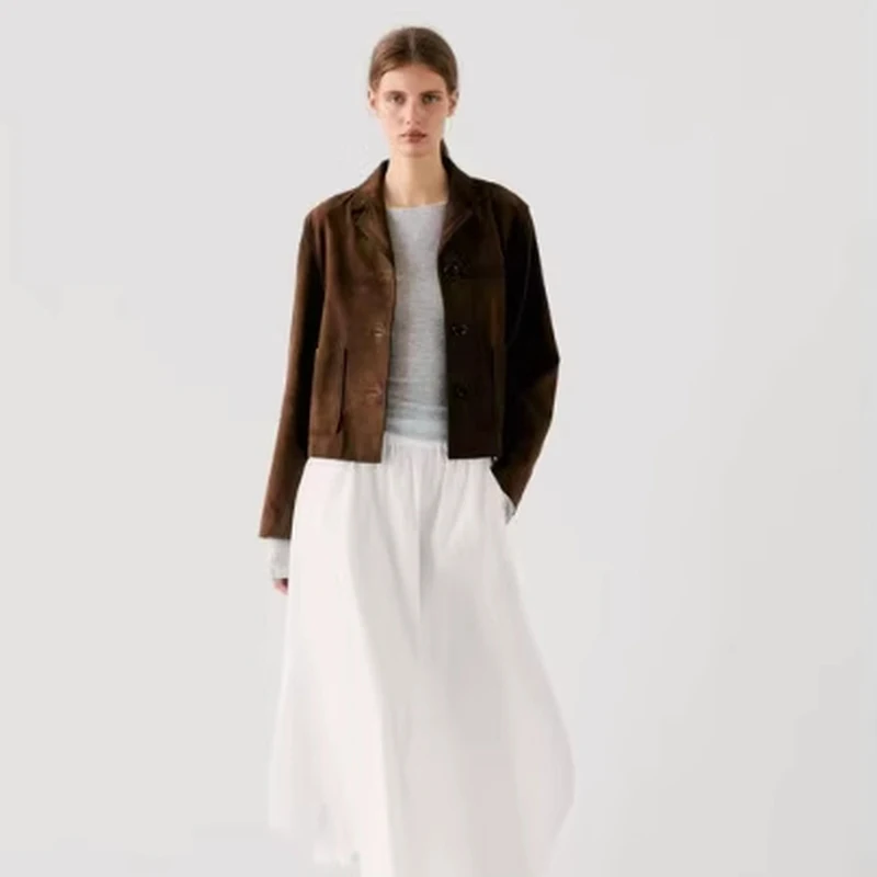 Faionable Brown Velvet Leather Jaet ort Outerwear for Women Autumn 2024 Polyester Fiber 00% Traditional Wealth Sle