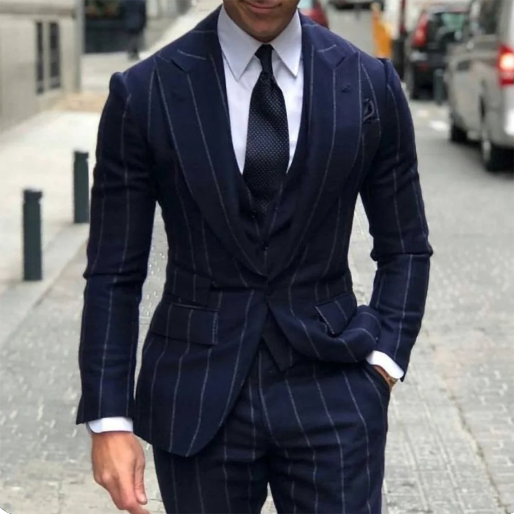 

New Navy Blue Pinstripe Men Suits Slim Fit One Button Peak Lapel Male Blazer Wedding Prom Party Tuxedo Casual 3 Piece Set 2023