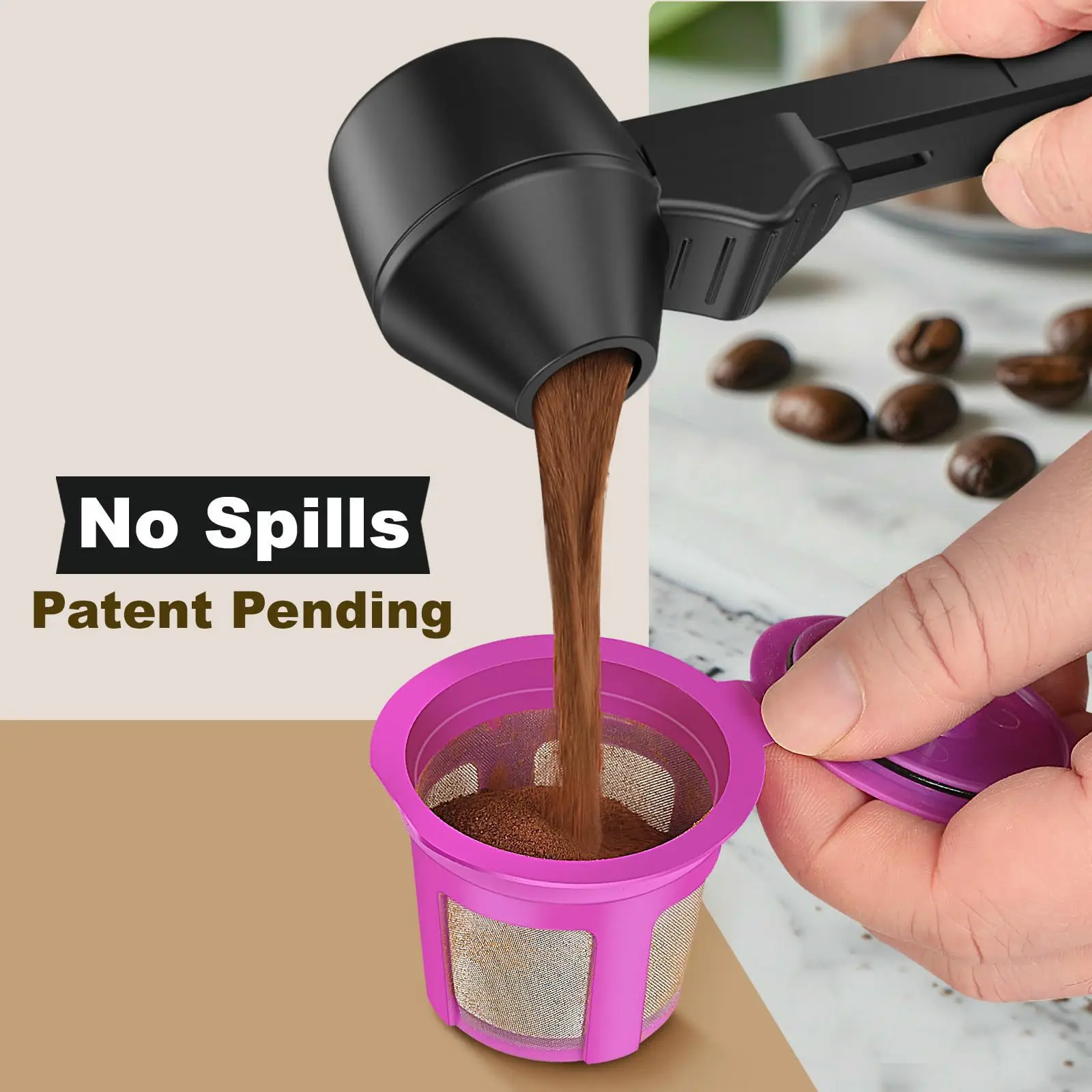 2-in-1 Coffee Scoop & Funnel, 2tbsp Measuring Spoon for Reusable K-Cup, No-Spill Refill Tool for Ground Coffee & Protein Powder