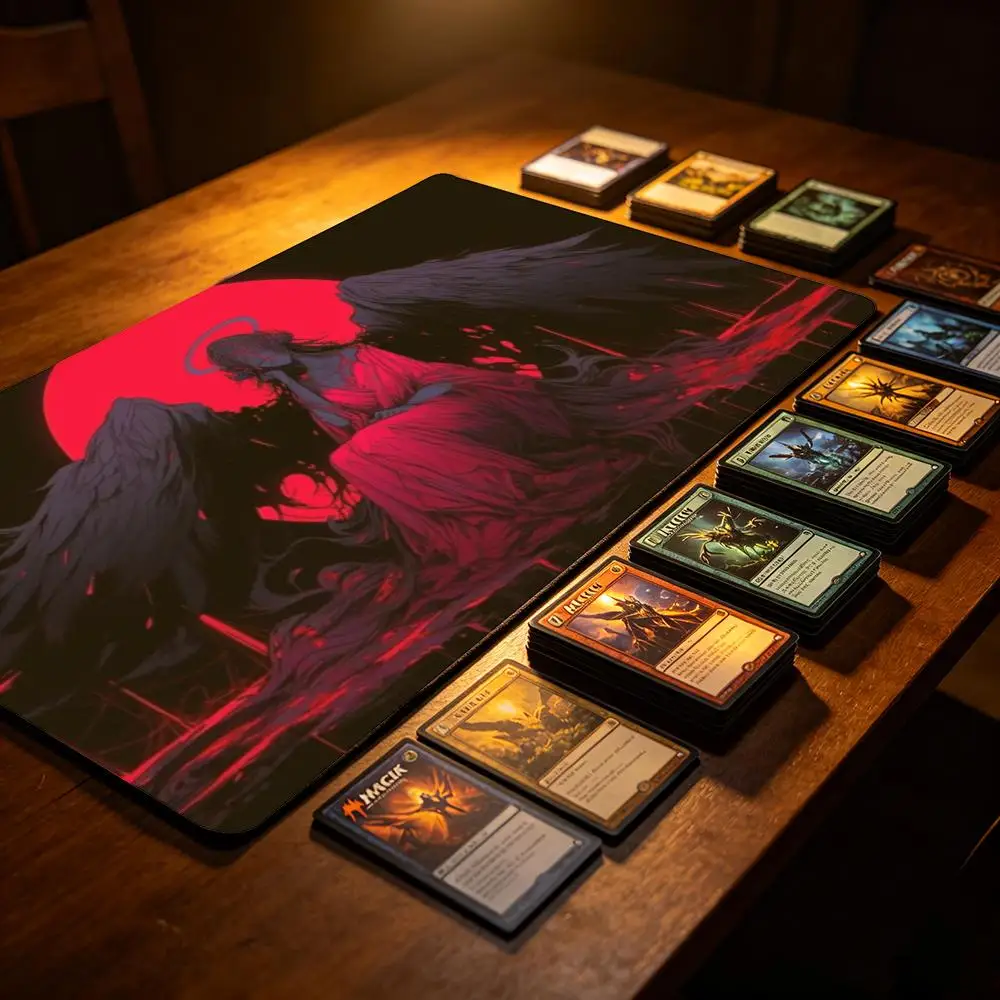 TCG Playmat Dark Fallen Angel Black Wings Blood Red Moon Gothic Demon Goddess Art Premium Rubber Large Desk Mat Dark Aesthetic