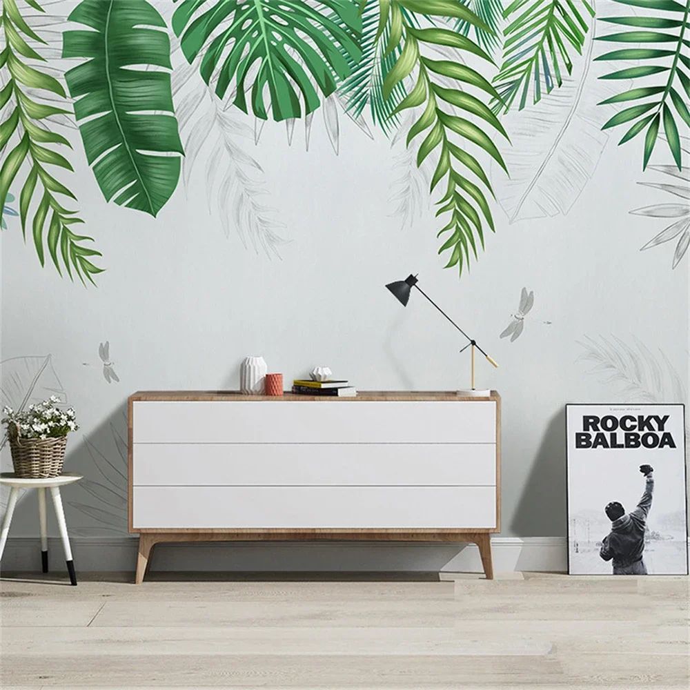 Custom Nordic green plant wallpaper tropical rainforest restaurant TV background wall cloth banana leaf mural bedroom decoration